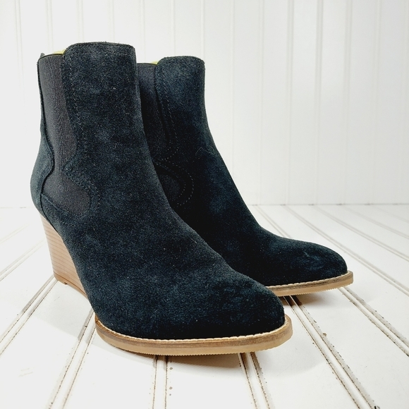 Andre Assous Women's Sadie Black Suede Elastic Gore Wedge Heel Ankle Boots K208 - Picture 4 of 11